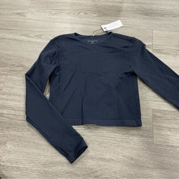 Dynamite Ribbed Crop Long Sleeve Navy Blue Medium NWT - Picture 1 of 6